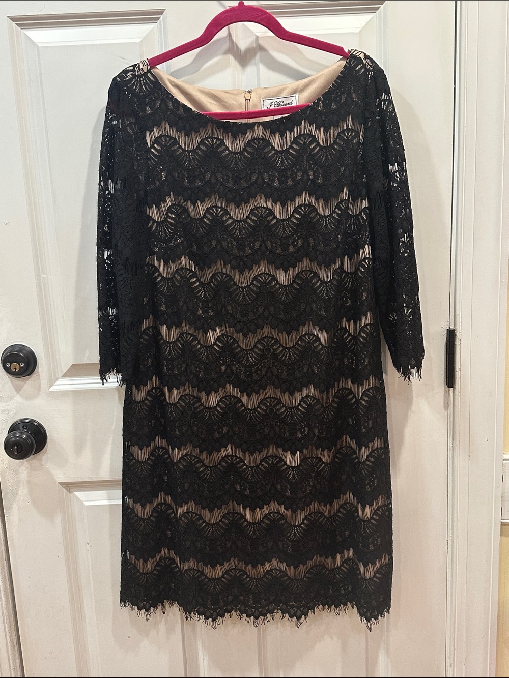 Black Lace Long-Sleeve Shift Dress with Nude Lining